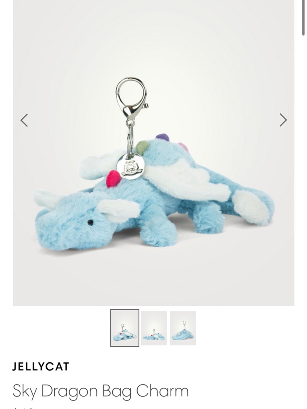 Jellycat Sky Dragon Plush Charm Keyring with White Wings and Pink Accent